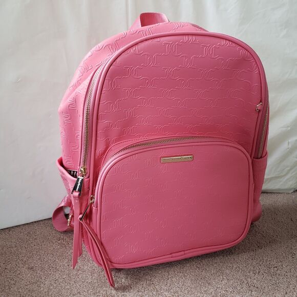 Juicy Couture Word Play Pink Backpack Pockets Silky Straps Logo Pattern Medium - Picture 1 of 8